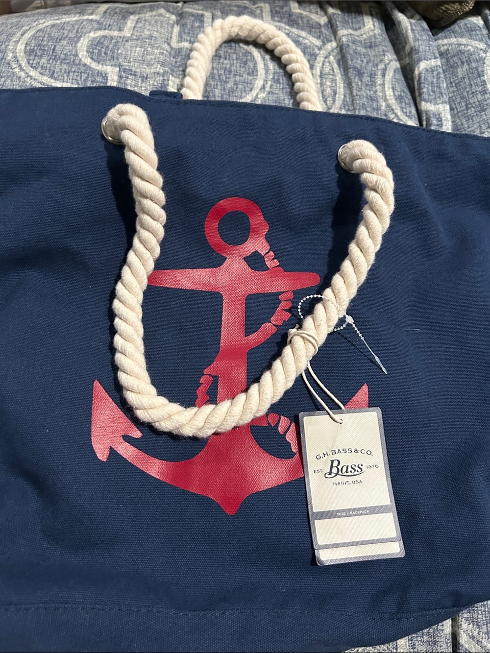 Bass Navy Canvas Tote with Red Anchor and Cream Rope Handles